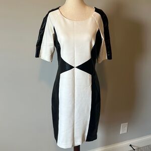 Laundry by Shelli Segal sz 8 faux leather black cream knee length dress